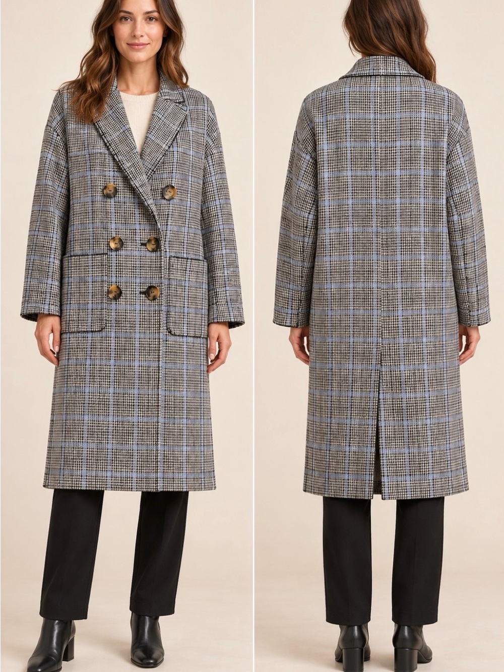 Zara Woman Houndstooth Plaid Long Double Breasted Coat Blue Check Size S